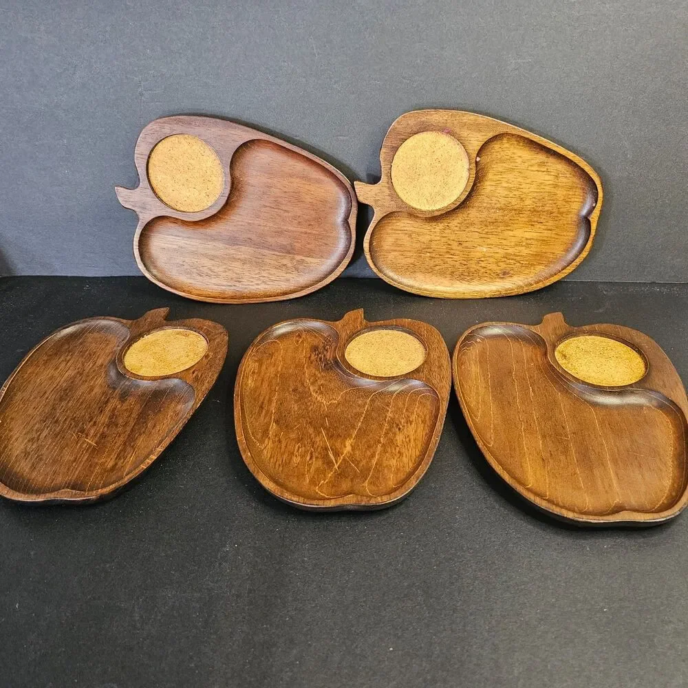 Set 5 Midcentury Wooden Apple Snack Drink Plate, Vtg Gail Craft Party Plates 6x8